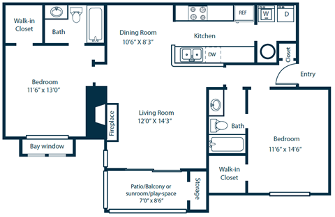 Floor plan for 2 beds, 2 baths, 1190 sqft